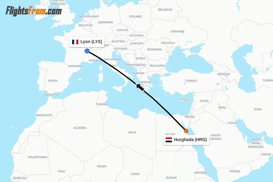 Flights from Hurghada to Lyon route map