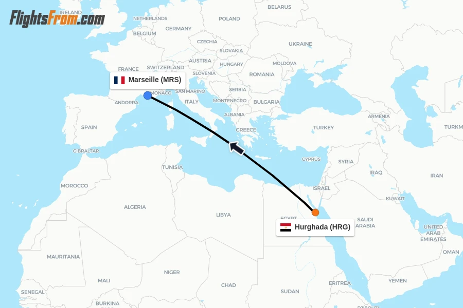 Flights from Hurghada to Marseille route map