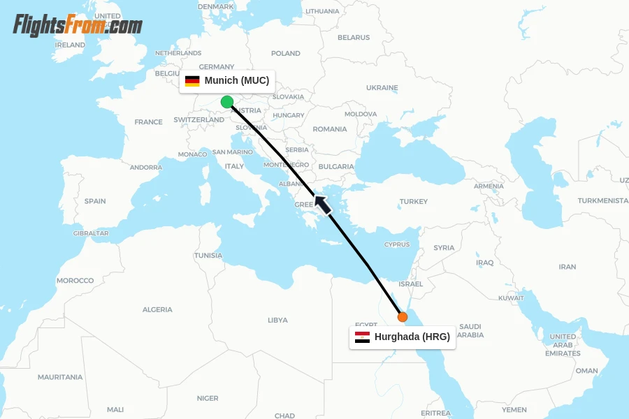 Flights from Hurghada to Munich route map
