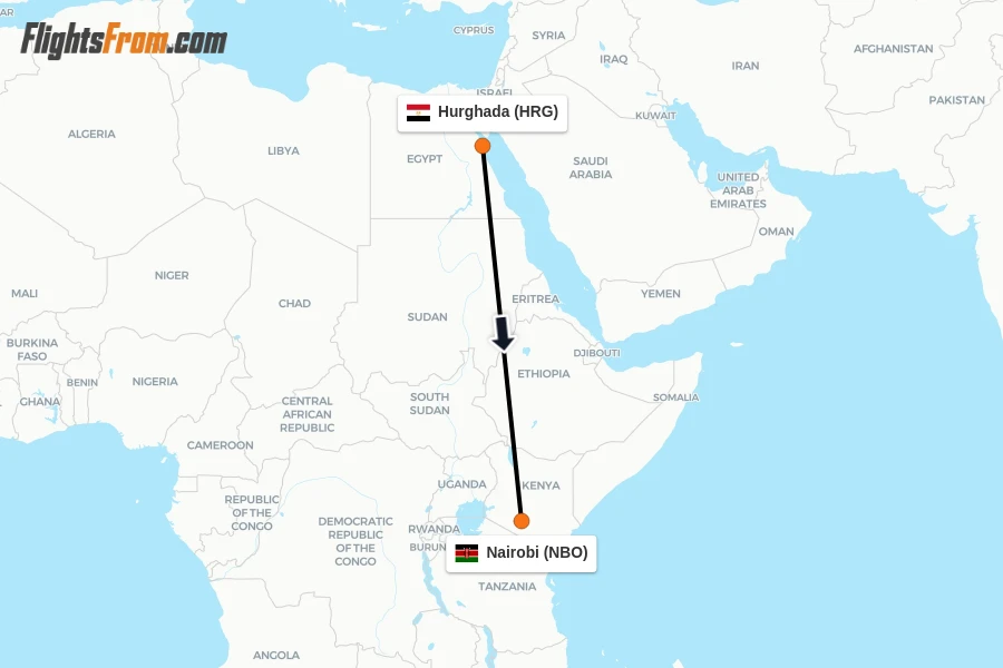 Flights from Hurghada to Nairobi route map