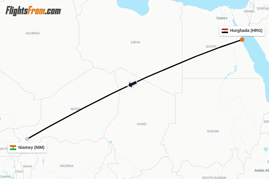 Flights from Hurghada to Niamey route map
