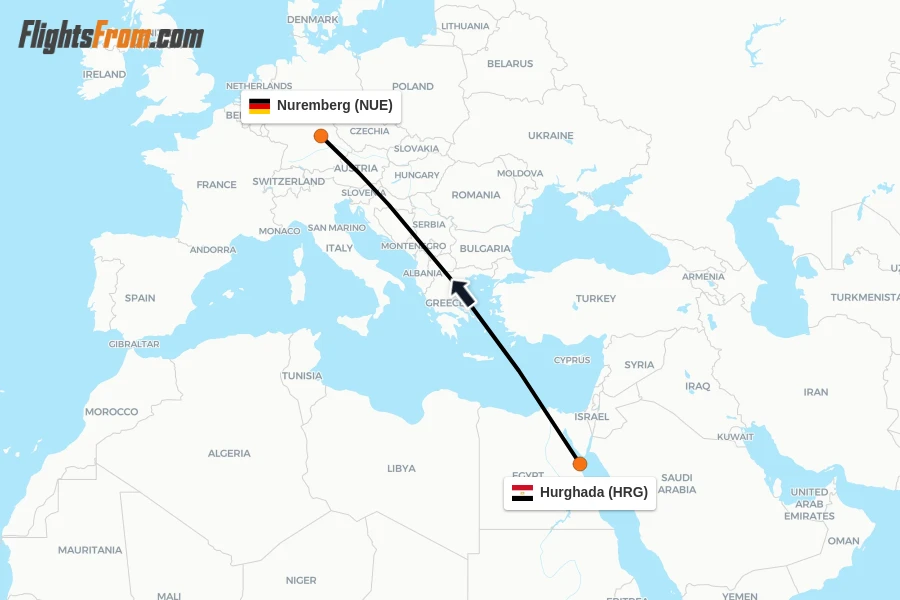 Flights from Hurghada to Nuremberg route map