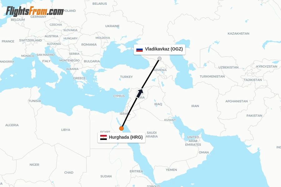 Flights from Hurghada to Vladikavkaz route map