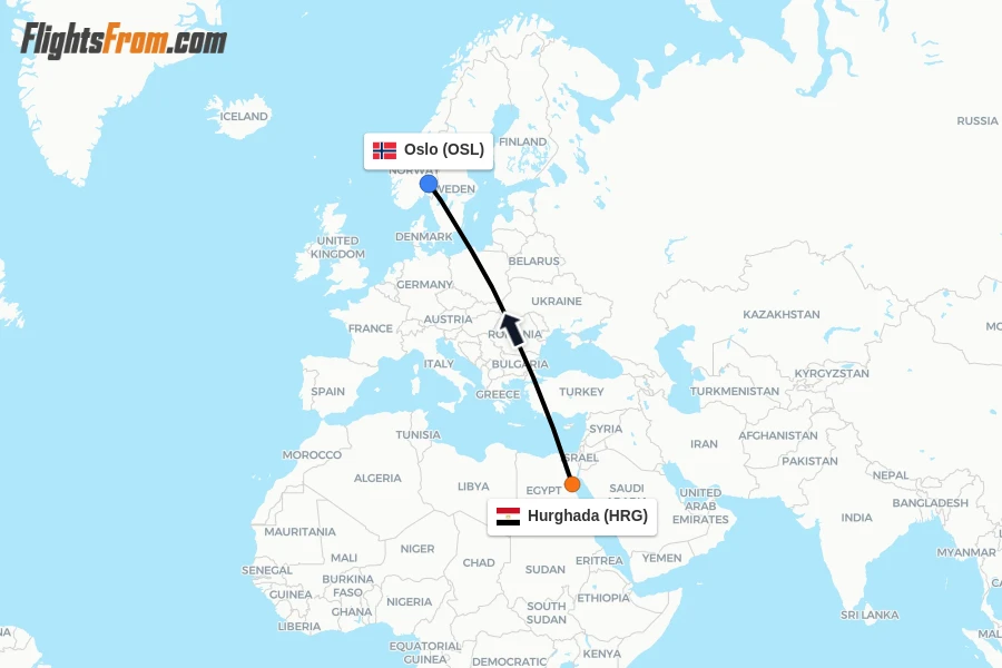 Flights from Hurghada to Oslo route map