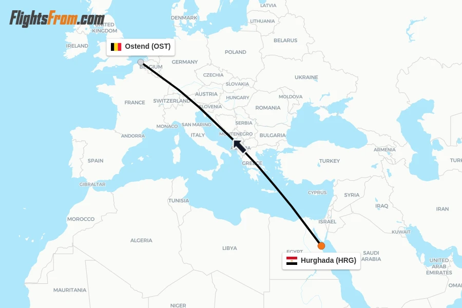 Flights from Hurghada to Ostend route map