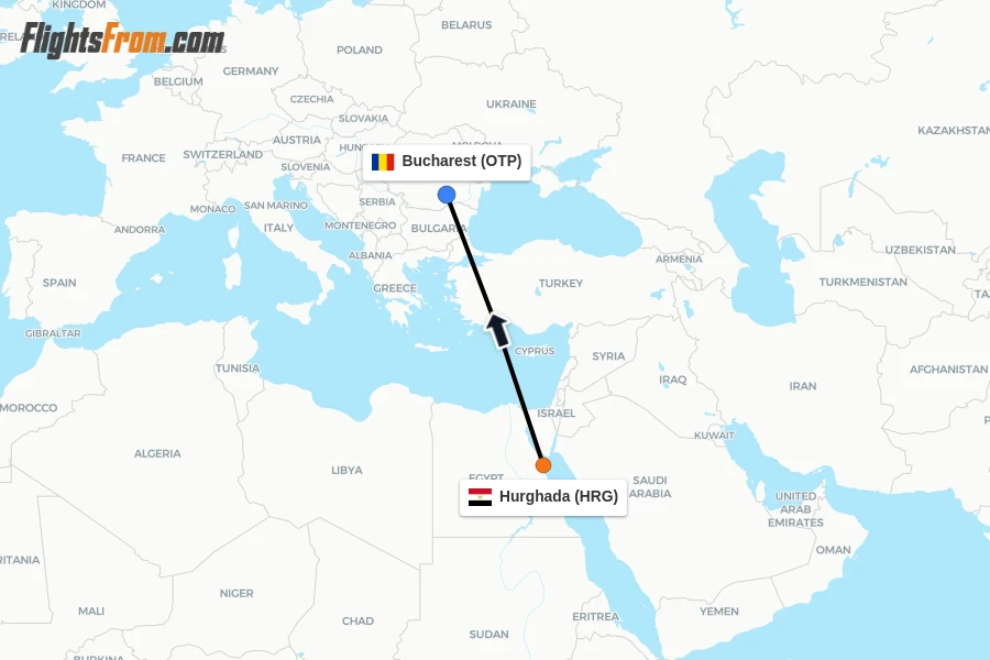 Flights from Hurghada to Bucharest route map