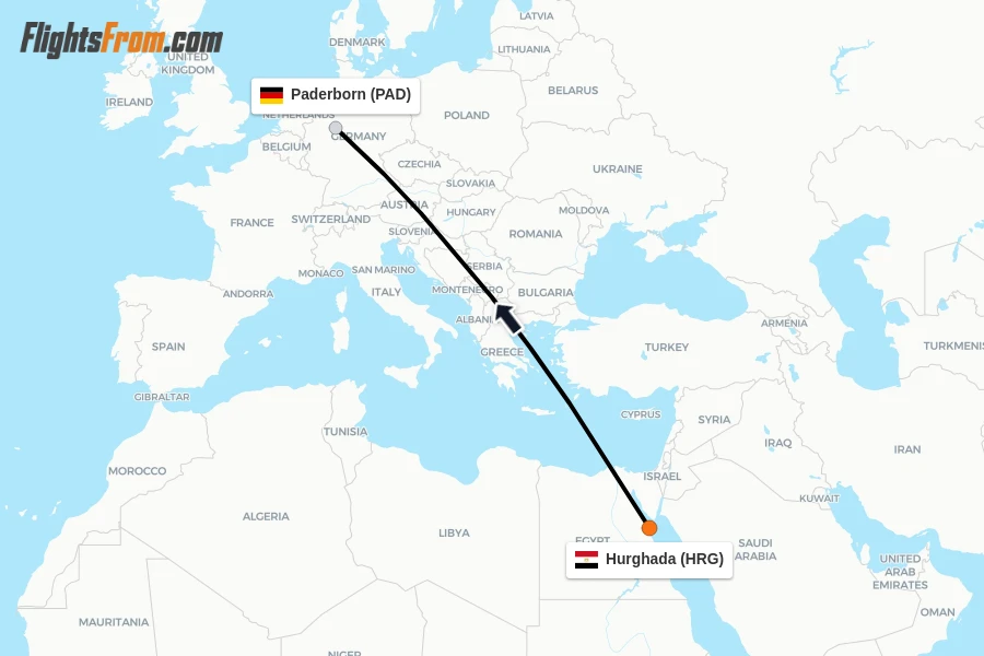 Flights from Hurghada to Paderborn route map