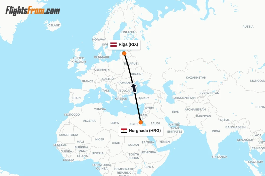 Flights from Hurghada to Riga route map