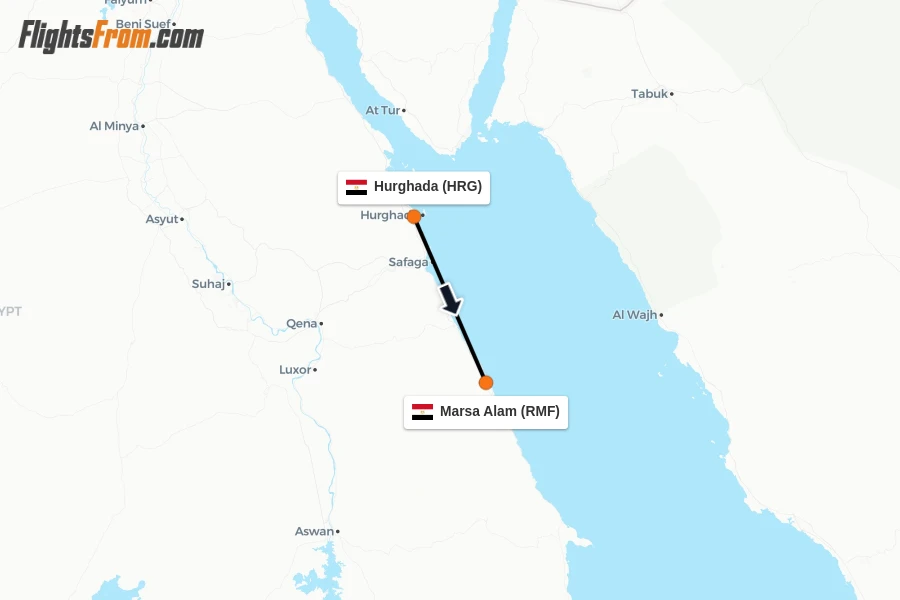 Flights from Hurghada to Marsa Alam route map
