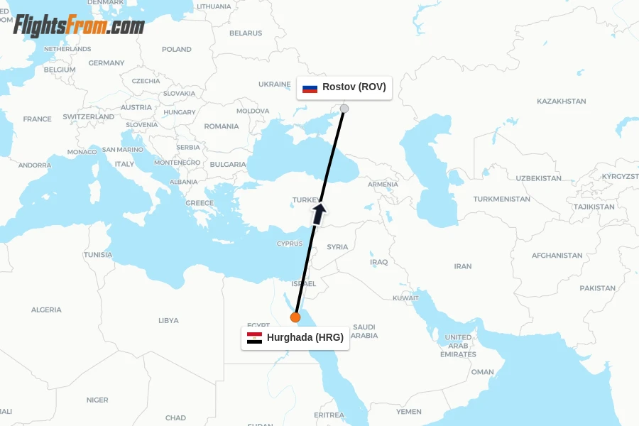 Flights from Hurghada to Rostov route map