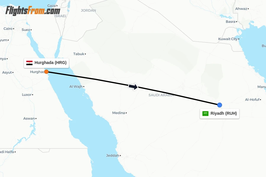 Flights from Hurghada to Riyadh route map