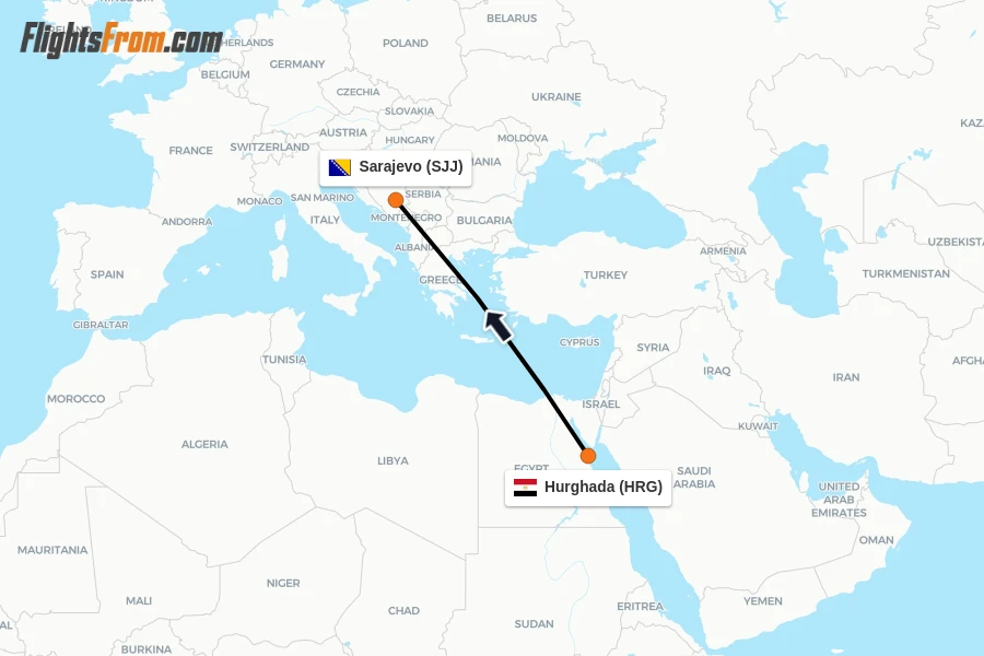 Flights from Hurghada to Sarajevo route map