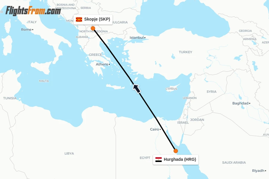 Flights from Hurghada to Skopje route map