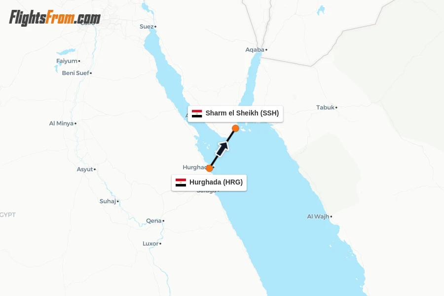 Flights from Hurghada to Sharm el Sheikh route map