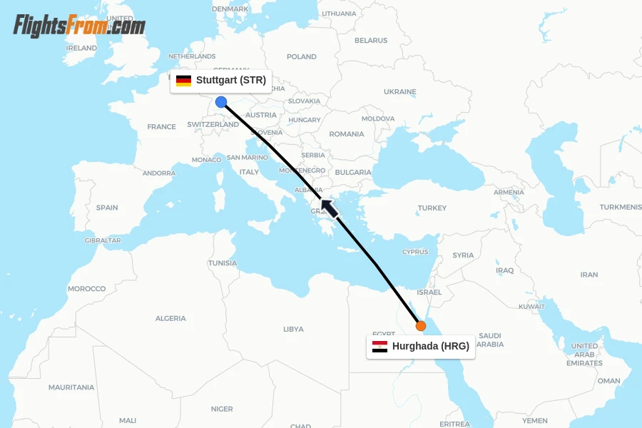 Flights from Hurghada to Stuttgart route map