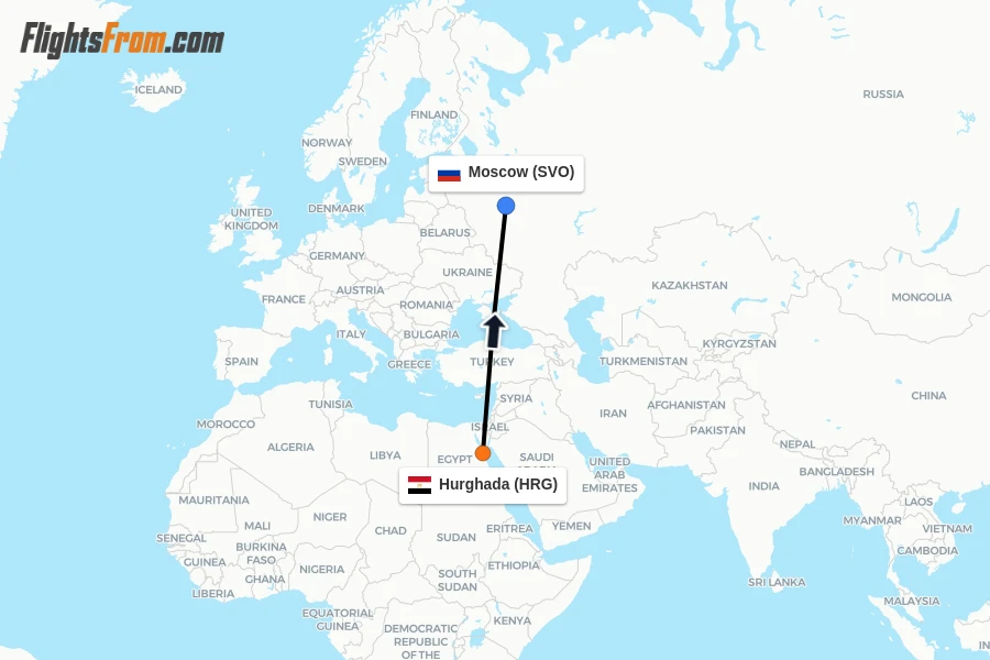 Flights from Hurghada to Moscow route map