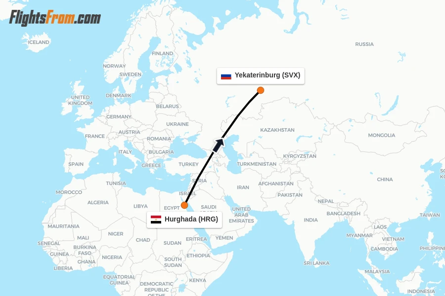 Flights from Hurghada to Yekaterinburg route map