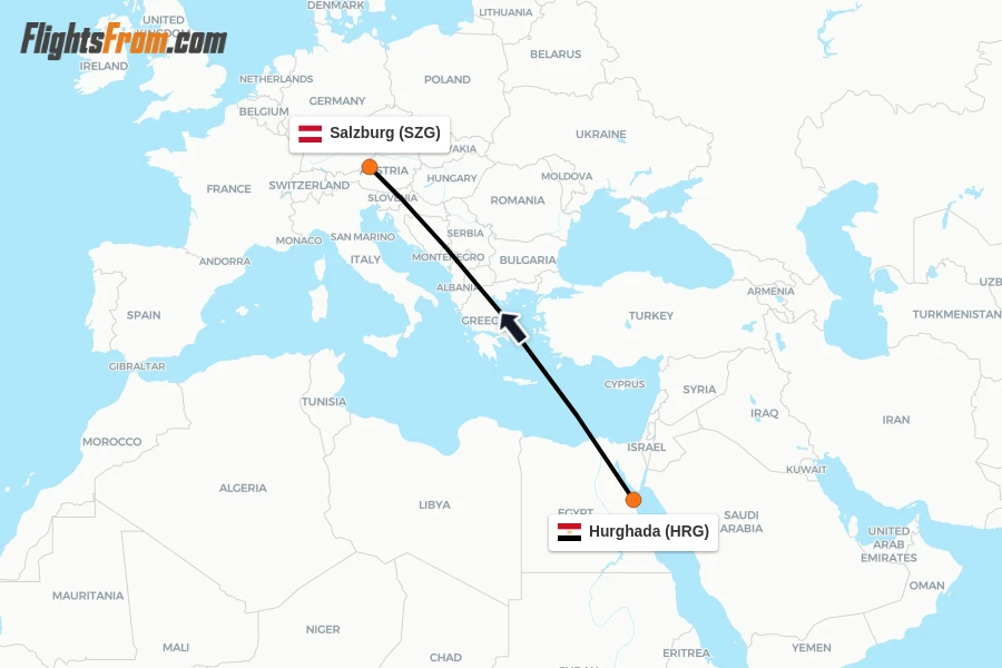 Flights from Hurghada to Salzburg route map
