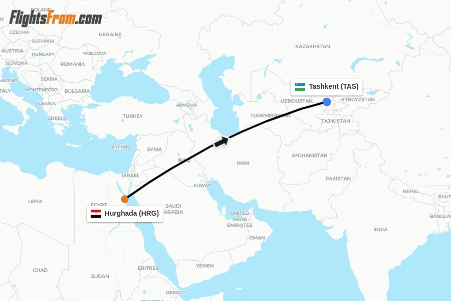 Flights from Hurghada to Tashkent route map
