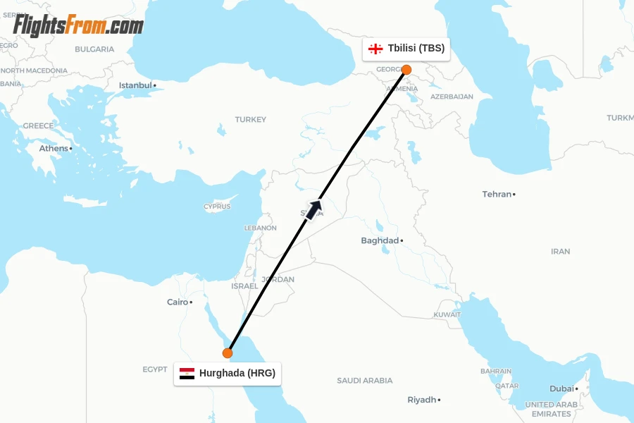 Flights from Hurghada to Tbilisi route map