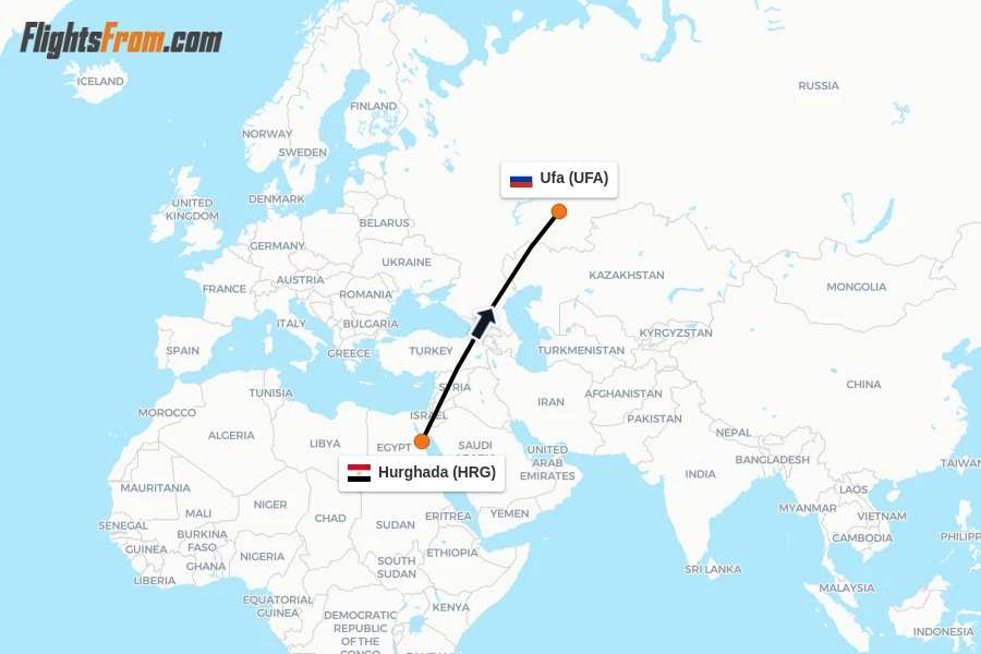 Flights from Hurghada to Ufa route map
