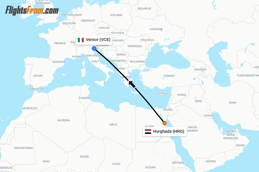 Flights from Hurghada to Venice route map