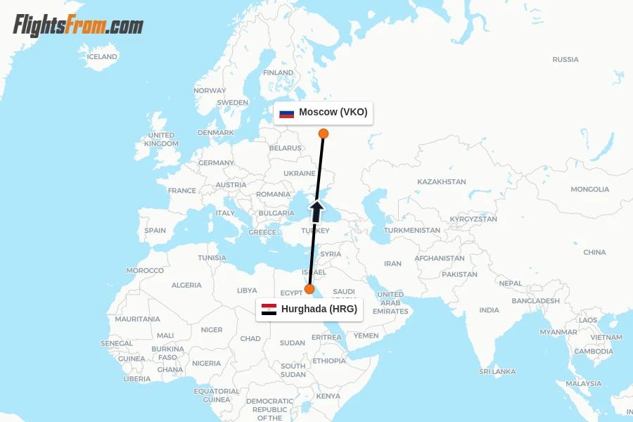 Flights from Hurghada to Moscow route map