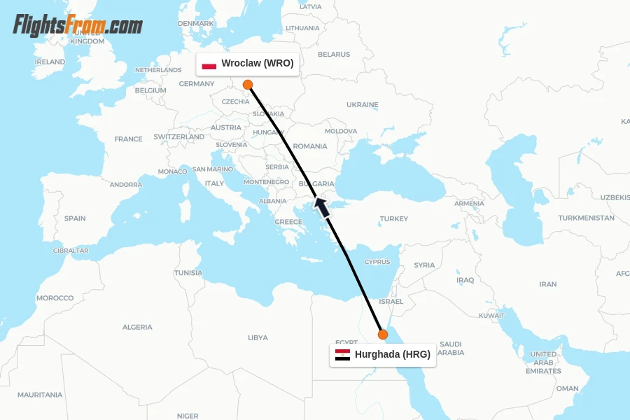 Flights from Hurghada to Wroclaw route map
