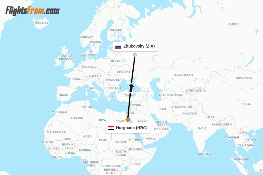 Flights from Hurghada to Zhukovsky route map