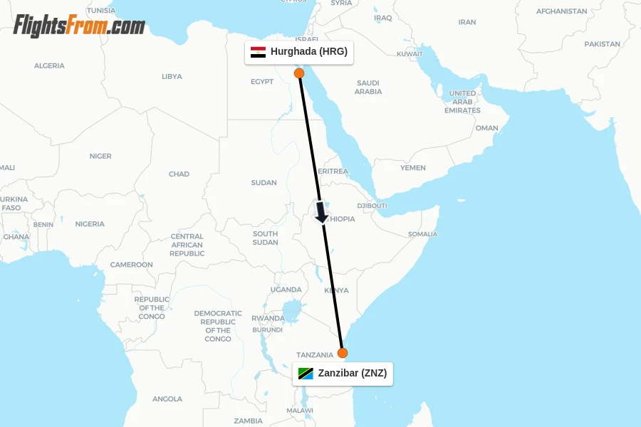 Flights from Hurghada to Zanzibar route map