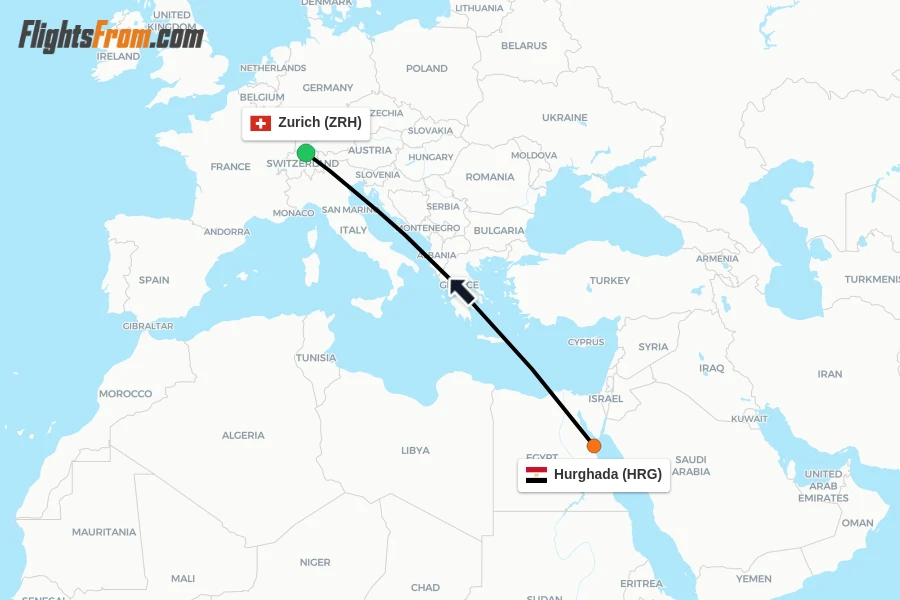 Flights from Hurghada to Zurich route map