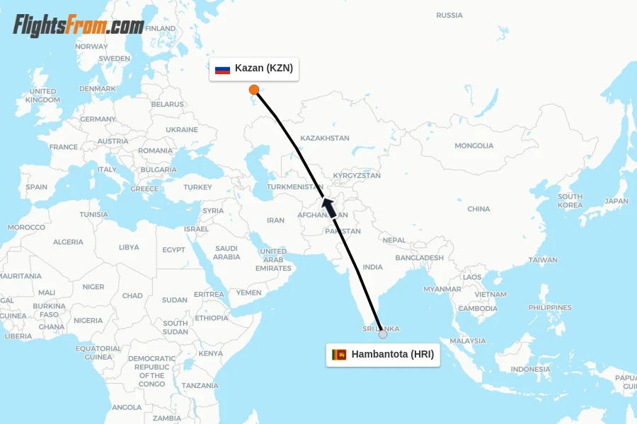Flights from Hambantota to Kazan route map