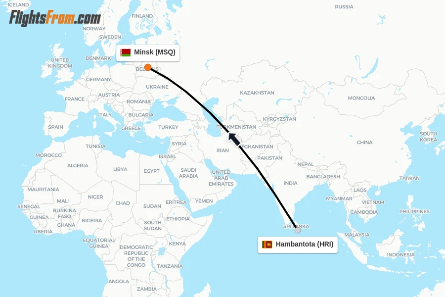 Flights from Hambantota to Minsk route map