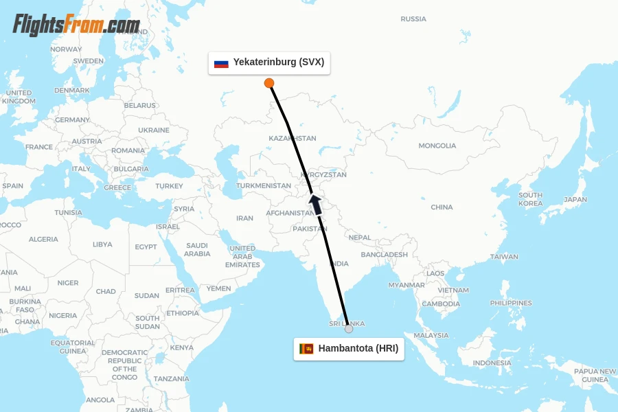 Flights from Hambantota to Yekaterinburg route map