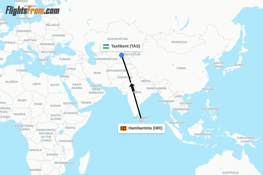 Flights from Hambantota to Tashkent route map