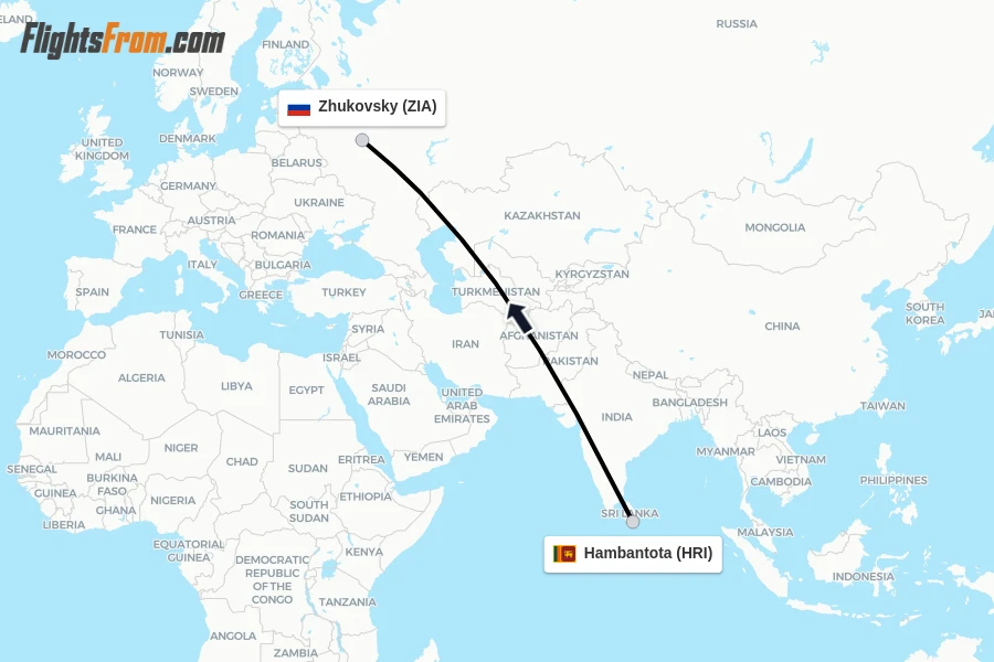 Flights from Hambantota to Zhukovsky route map
