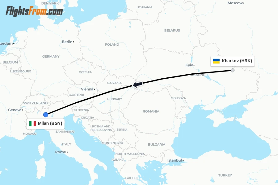 Flights from Kharkov to Milan route map