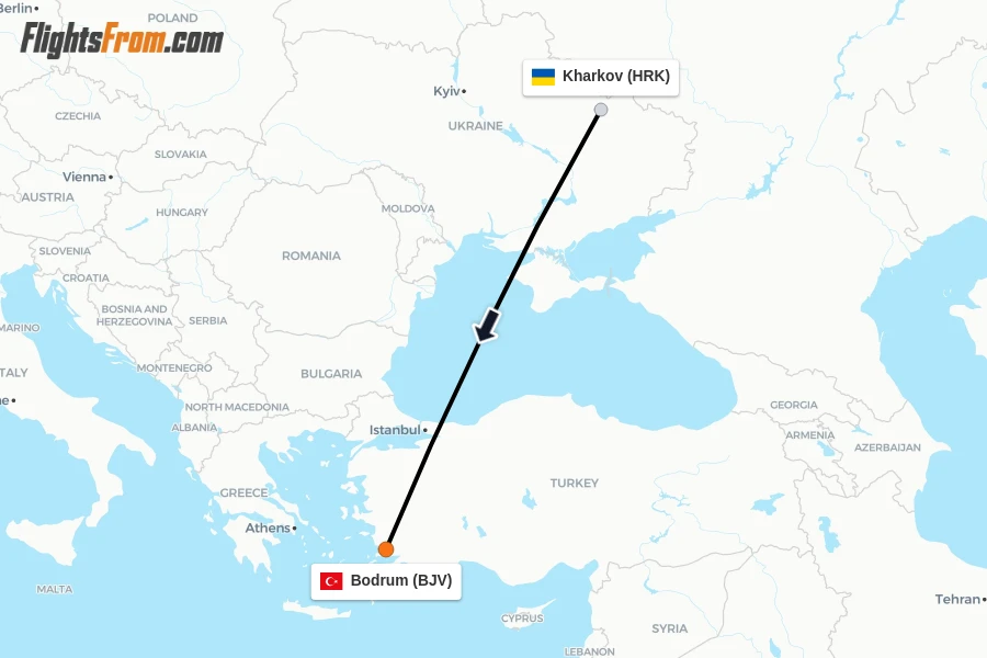 Flights from Kharkov to Bodrum route map