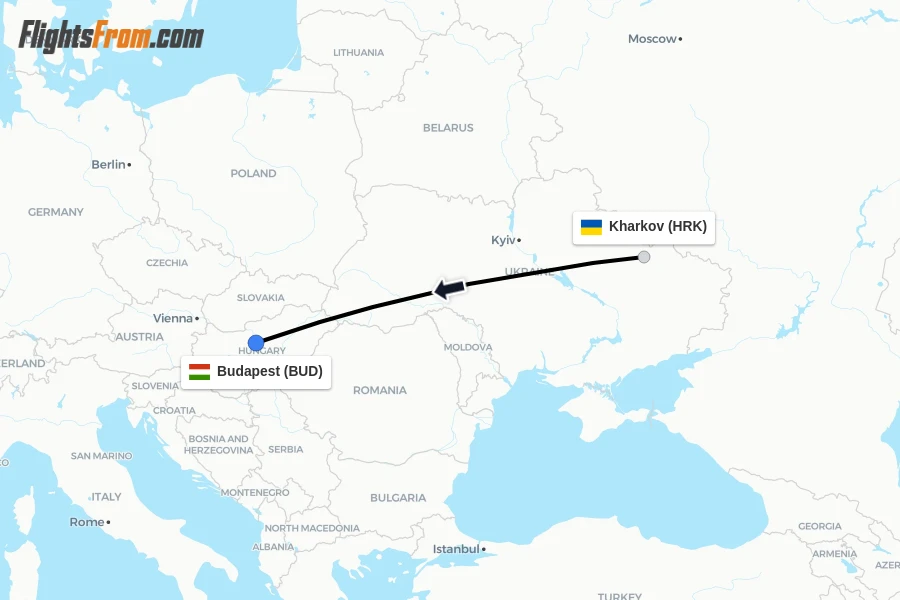 Flights from Kharkov to Budapest route map