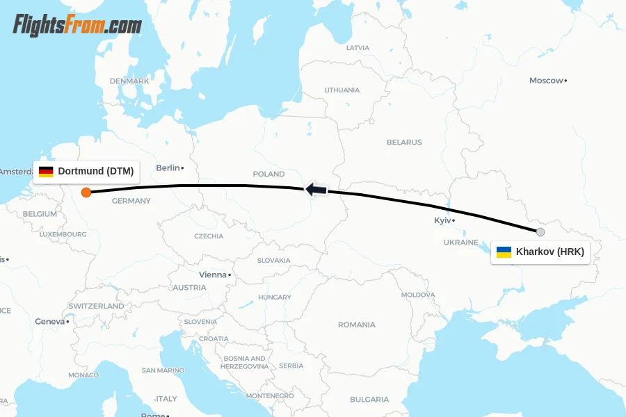 Flights from Kharkov to Dortmund route map