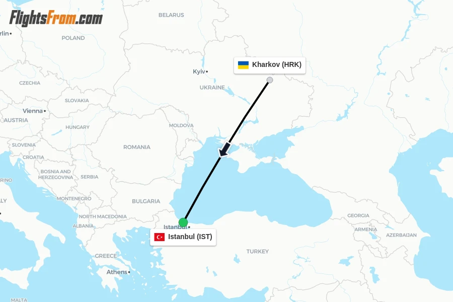 Flights from Kharkov to Istanbul route map
