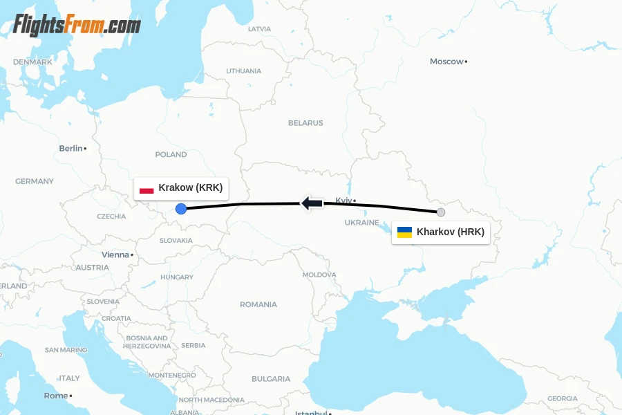 Flights from Kharkov to Krakow route map