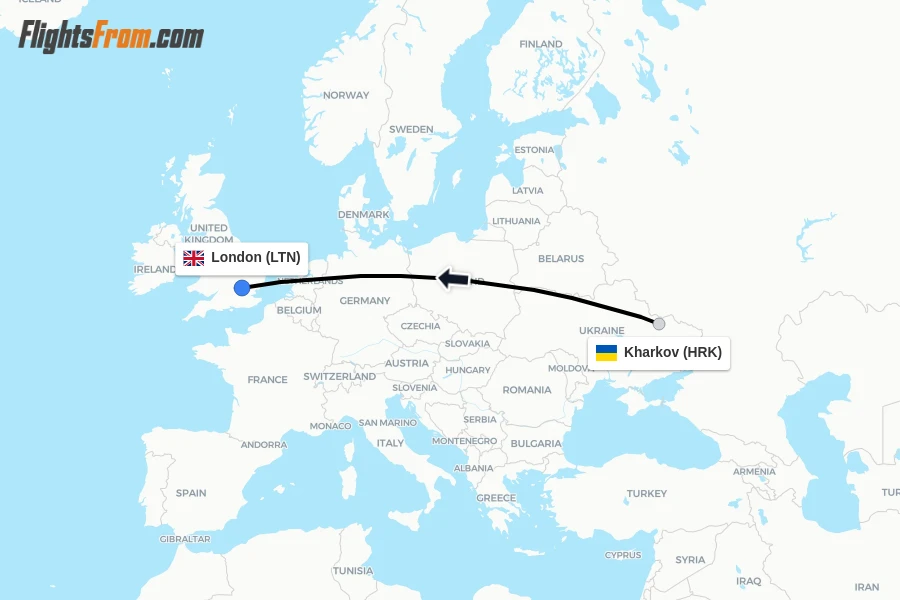 Flights from Kharkov to London route map