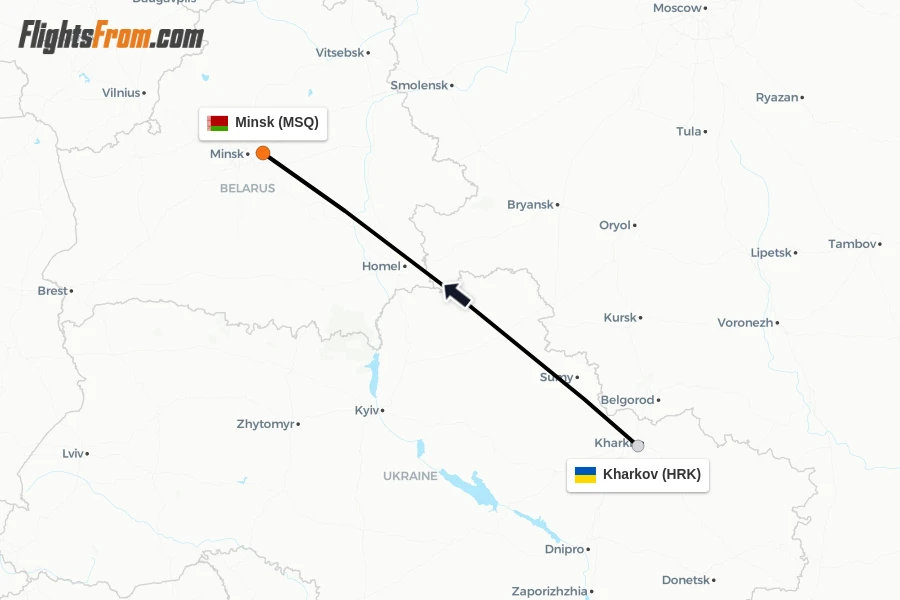 Flights from Kharkov to Minsk route map