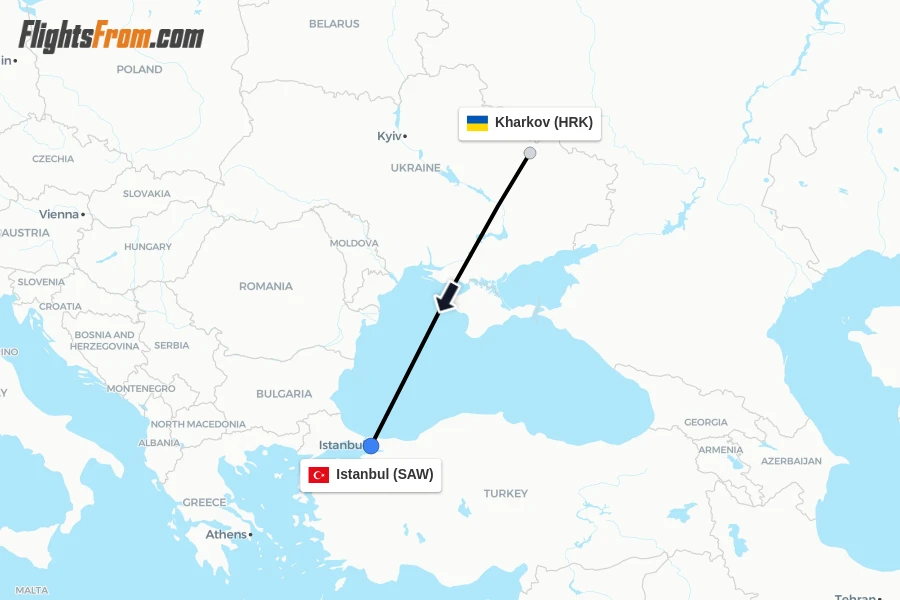 Flights from Kharkov to Istanbul route map