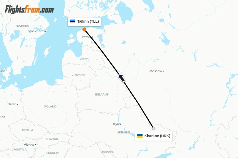 Flights from Kharkov to Tallinn route map