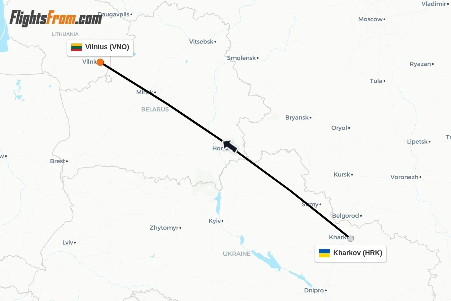 Flights from Kharkov to Vilnius route map