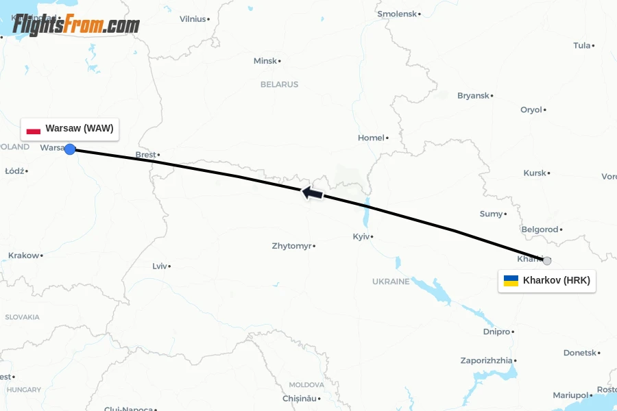Flights from Kharkov to Warsaw route map