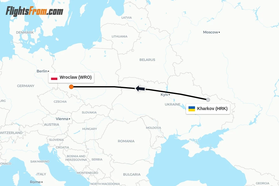 Flights from Kharkov to Wroclaw route map