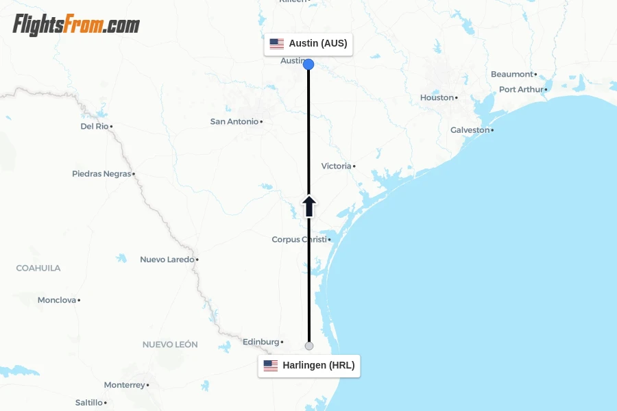 Flights from Harlingen to Austin route map